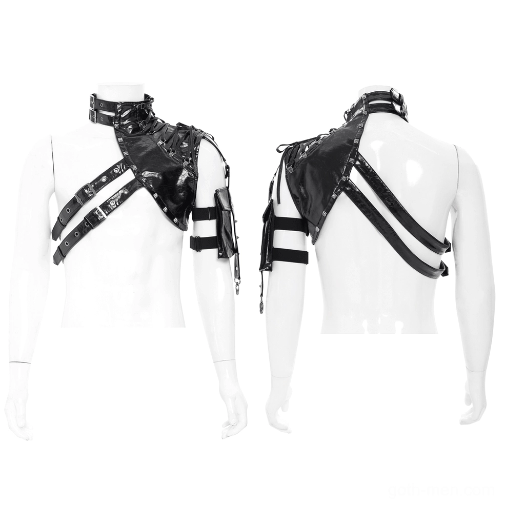 Black faux leather gothic harness vest front and back combined view on mannequin with cross straps and arm pouch