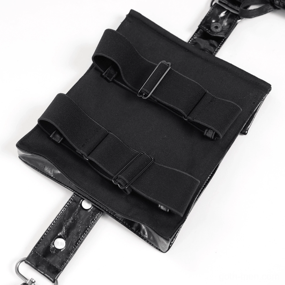 Black cyberpunk gothic harness vest showing full strap system and shoulder wrap design