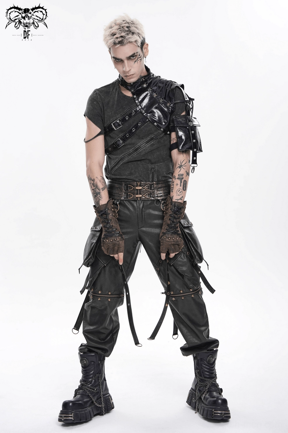 Black gothic lace-up shoulder harness vest front on mannequin with complete hardware assembly