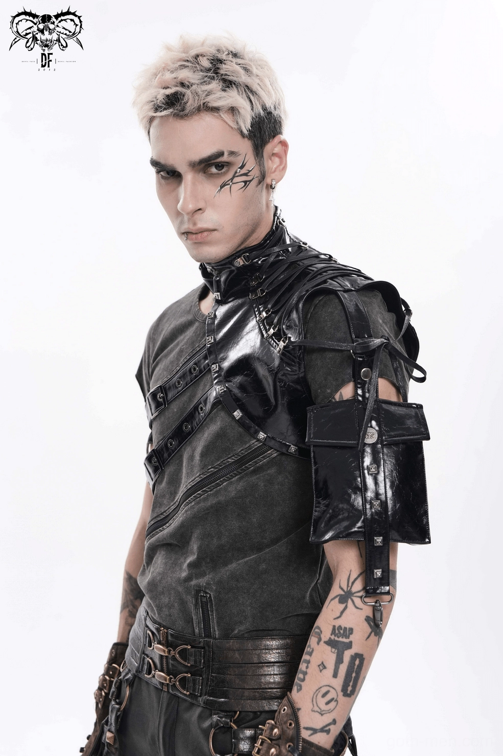 Black faux leather gothic shoulder harness highlighting lace-up closure and neck collar element