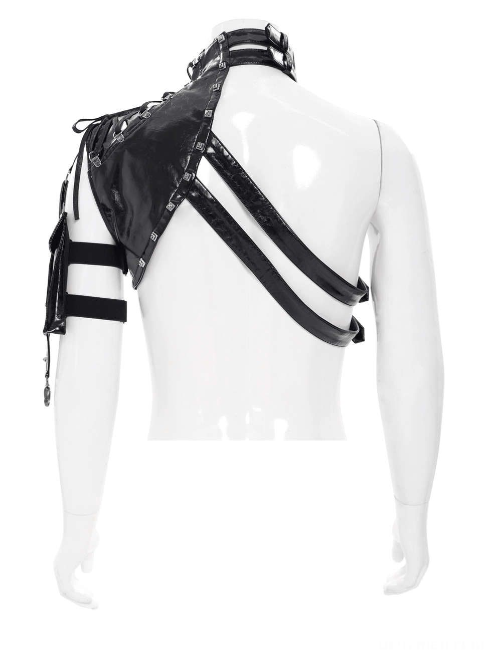 Black gothic shoulder harness back view on mannequin showing lace-up shoulder fasteners and multi-strap design