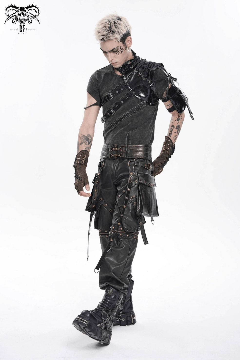 Black cyberpunk gothic shoulder harness side view on mannequin showing dimensional strap layers