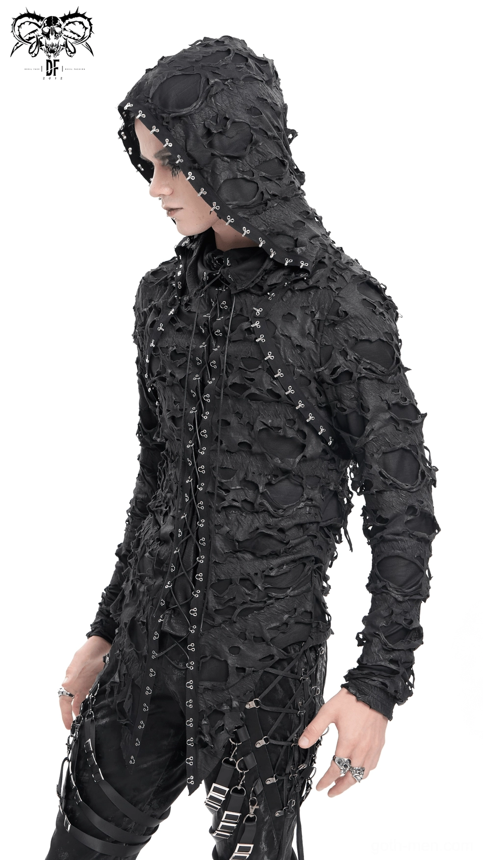 Black gothic lace-up hooded sweatshirt on mannequin, rear three-quarter view highlighting hood design and asymmetrical hemline