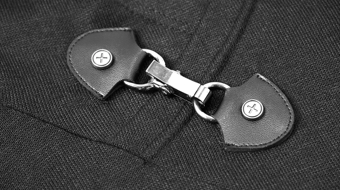 Black gothic punk hoodie flat lay back view showing construction quality