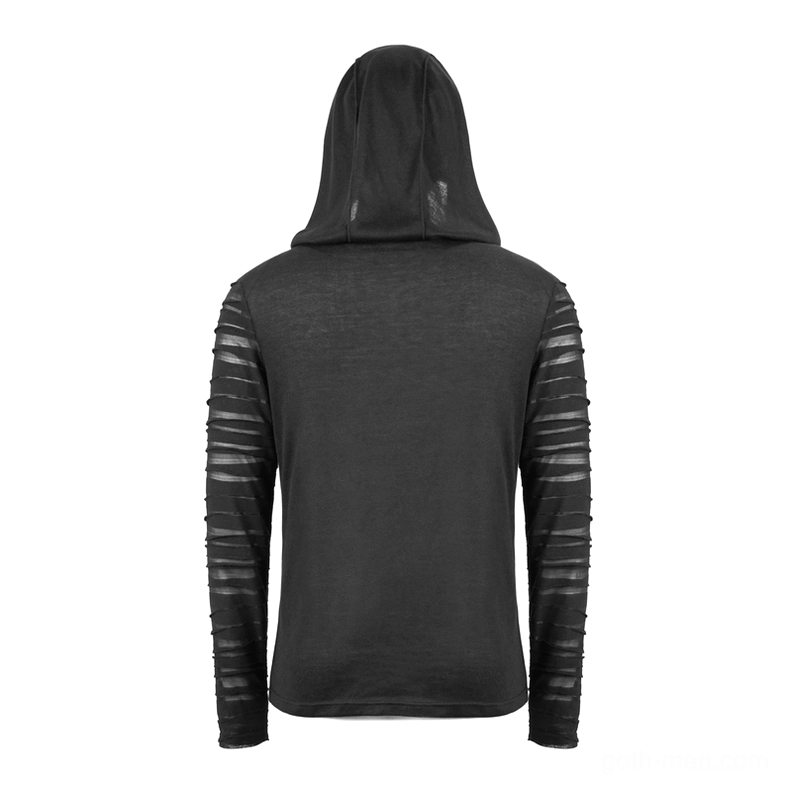Black gothic hoodie back flat view with sheer striped cuff details