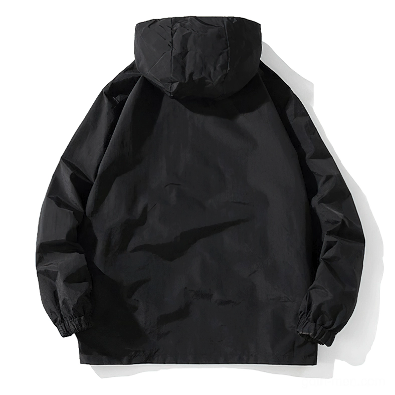 Minimalist black gothic hoodie back flat lay with elasticated cuffs and refined construction