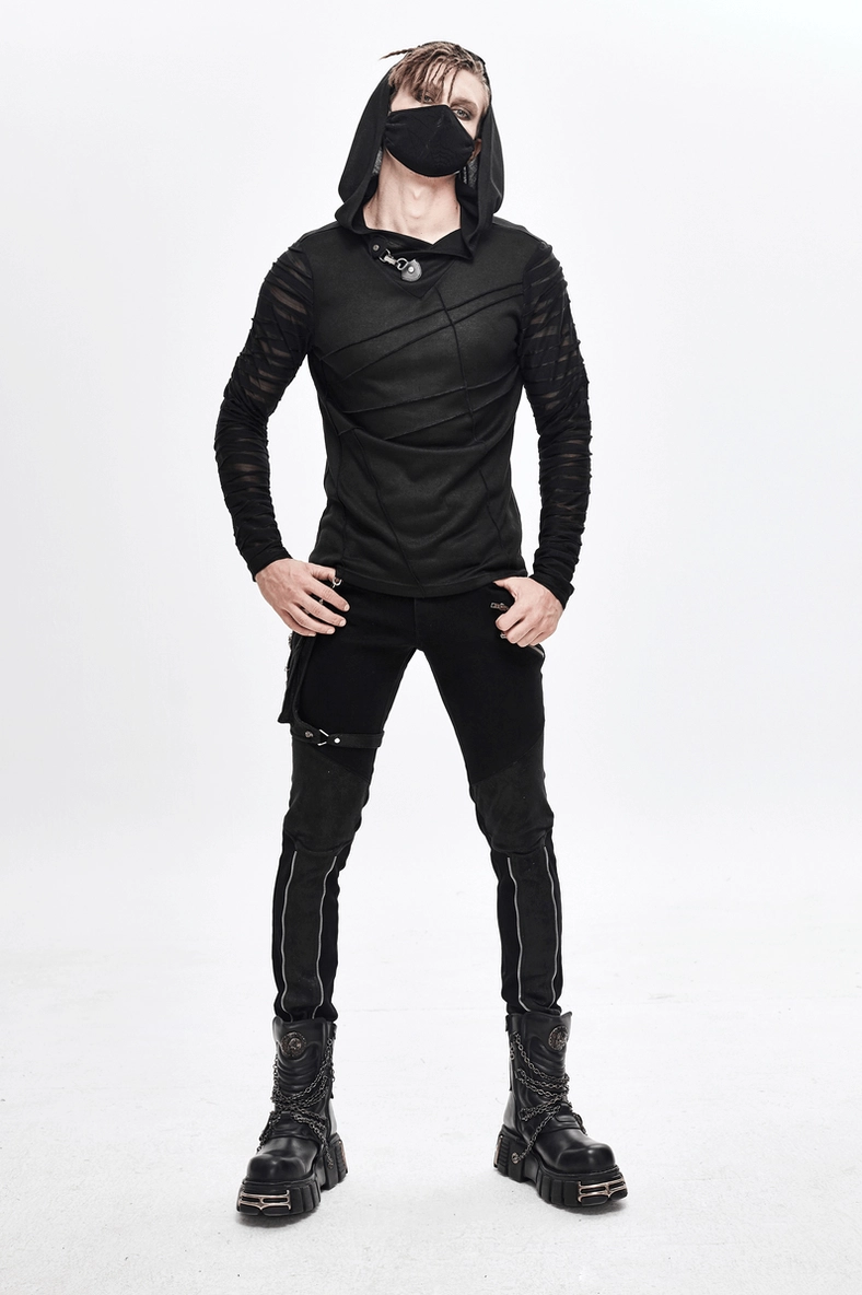 Black gothic punk hoodie hands-on-hips pose showing diagonal seam construction