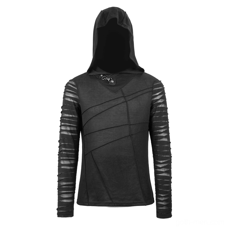 Black gothic buckle hoodie flat lay front view showing neck accent and diagonal stitching