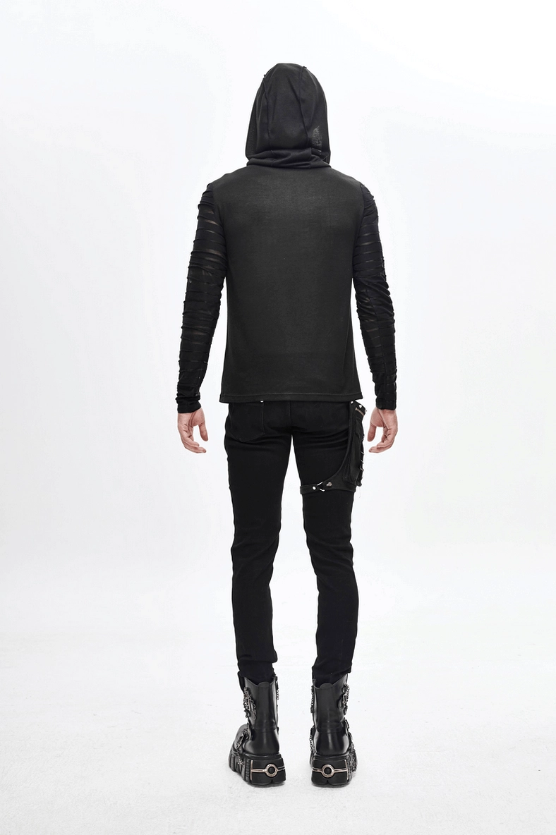 Black gothic hoodie back view full body with chain details and fitted silhouette
