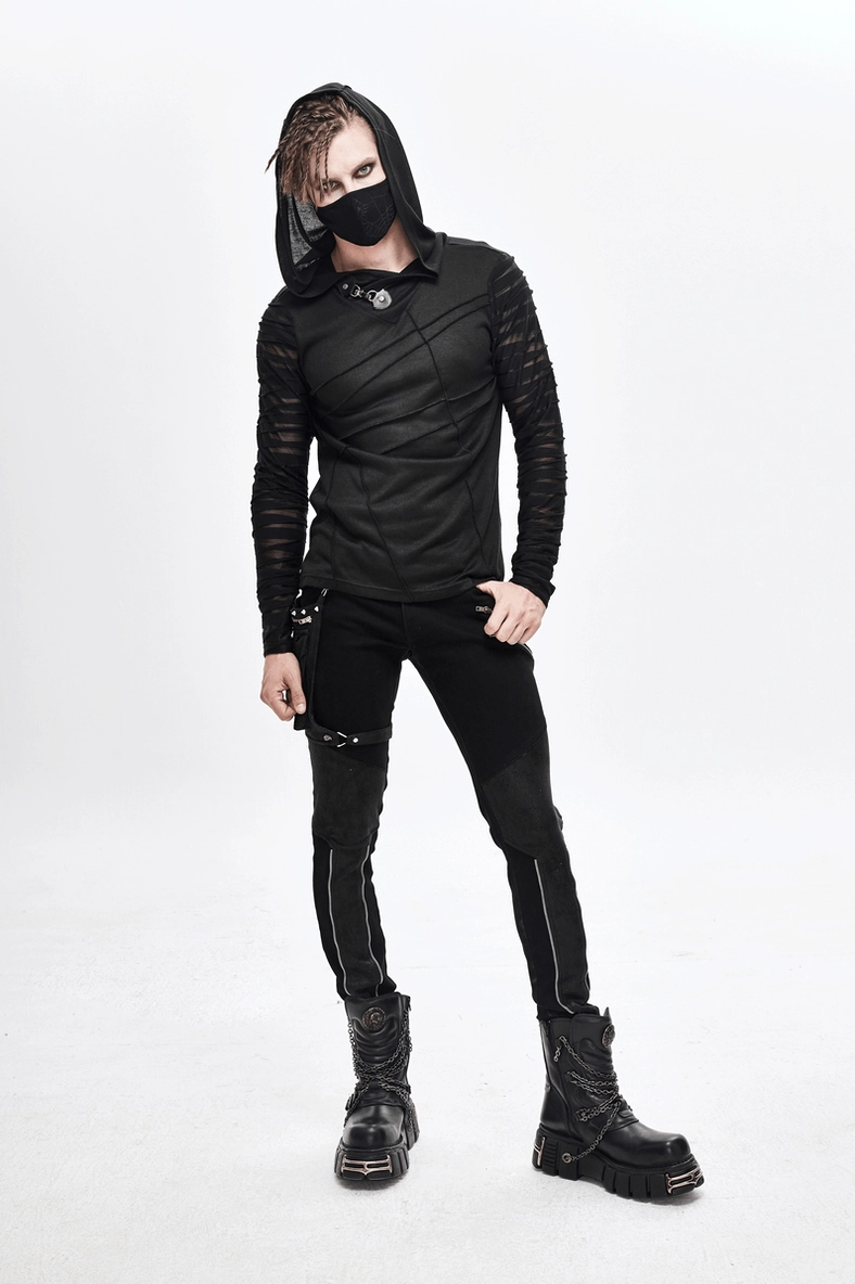 Black gothic buckle hoodie front view with face mask styled gothic look