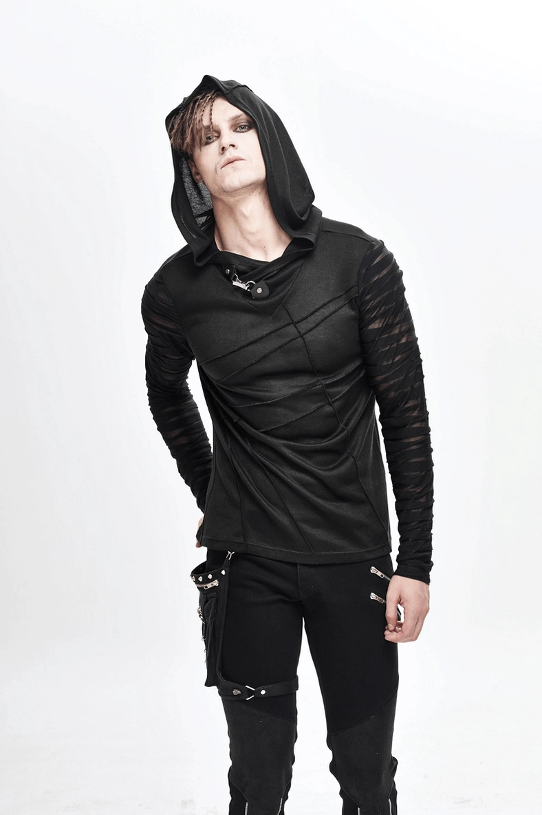 Black gothic punk hoodie showing sheer panel construction and sleeve design