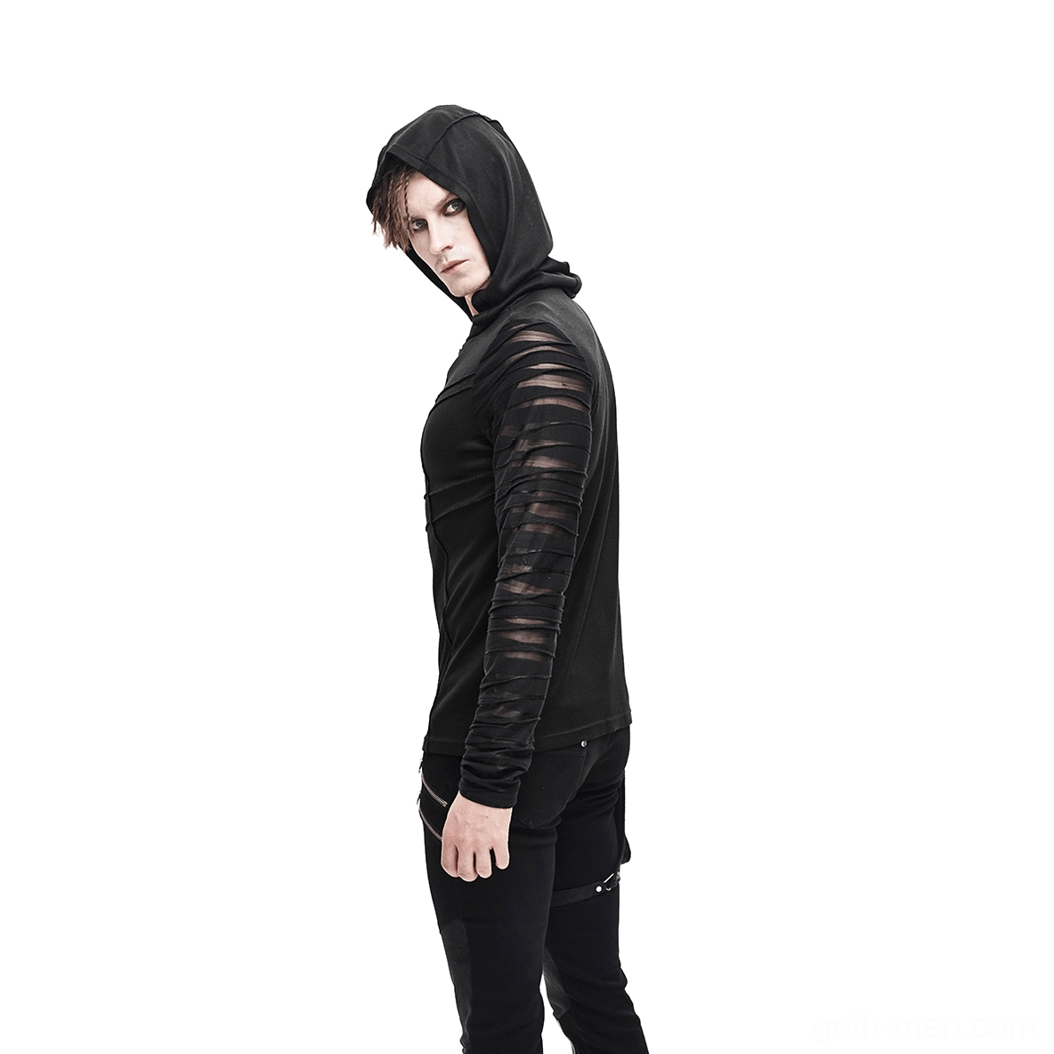 Black gothic punk hoodie with transparent sleeve panels side profile view