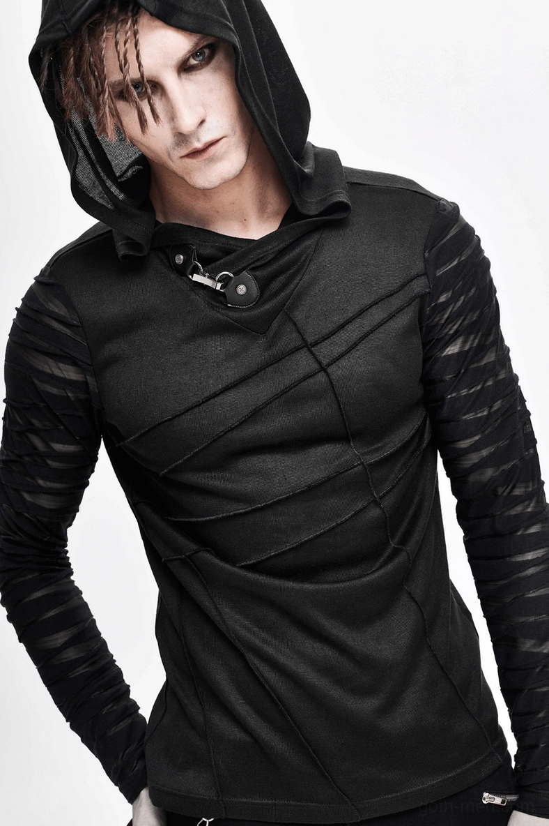 Black gothic buckle hoodie with sheer striped sleeves texture and fabric detail