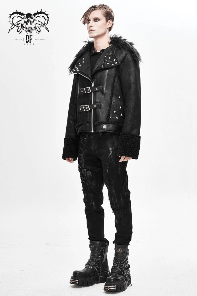 Black gothic jacket displaying overall construction quality, metal studs, and leather finish