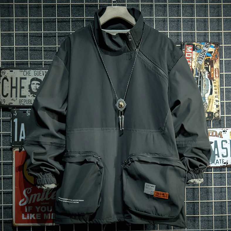 Black stand collar gothic jacket flat lay front showing cargo pockets and metal diagonal zipper details