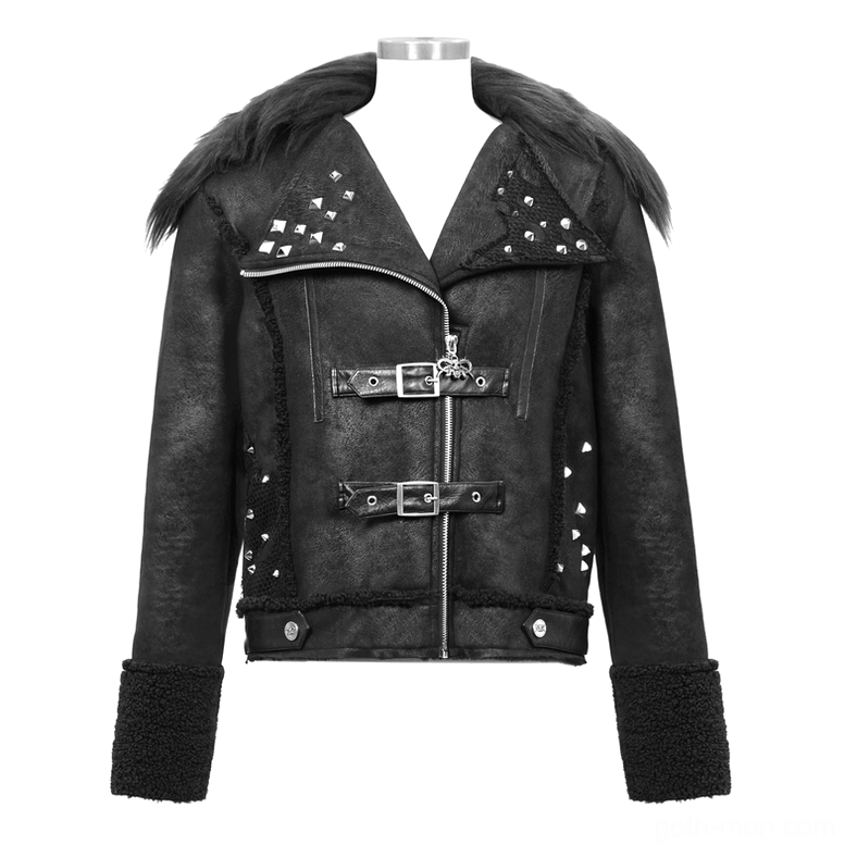 Black gothic punk leather jacket displayed on mannequin - front full view with metal studs and buckle straps