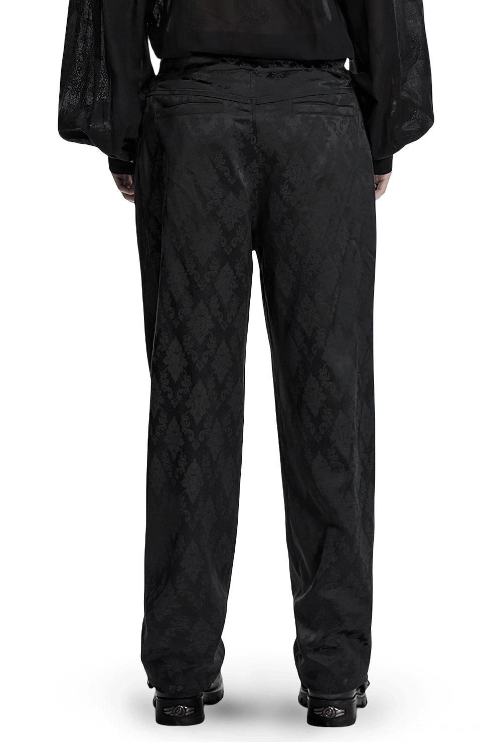 Black gothic jacquard tapered trousers rear full view displaying argyle jacquard pattern and tailored silhouette