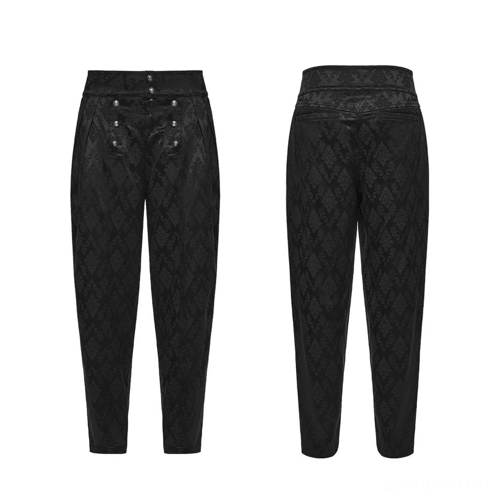 Black gothic jacquard tapered trousers front and rear flat lay showing double-breasted button closure and fit