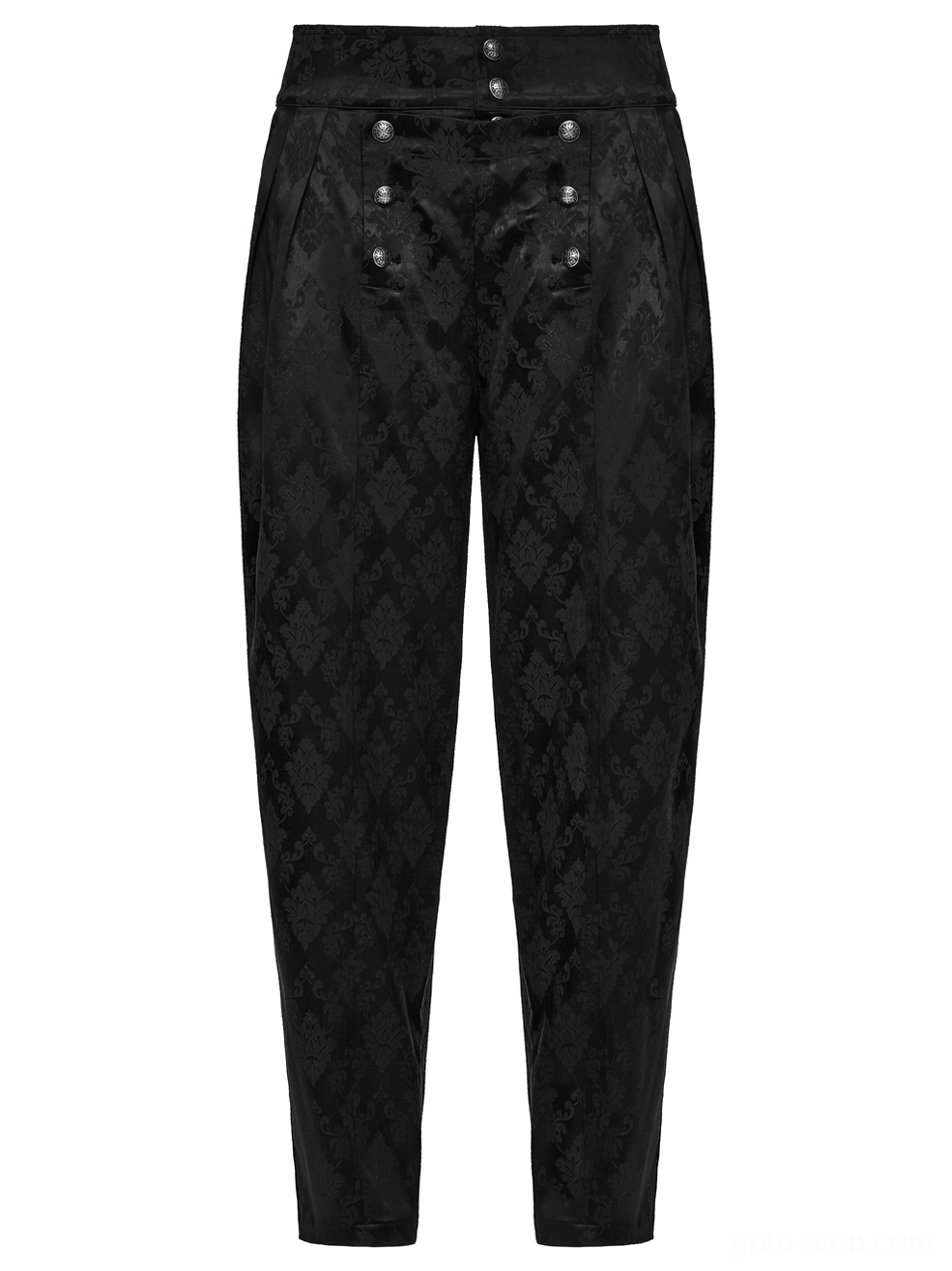 Black gothic jacquard tapered trousers front flat lay view with high waistband and decorative metal buttons