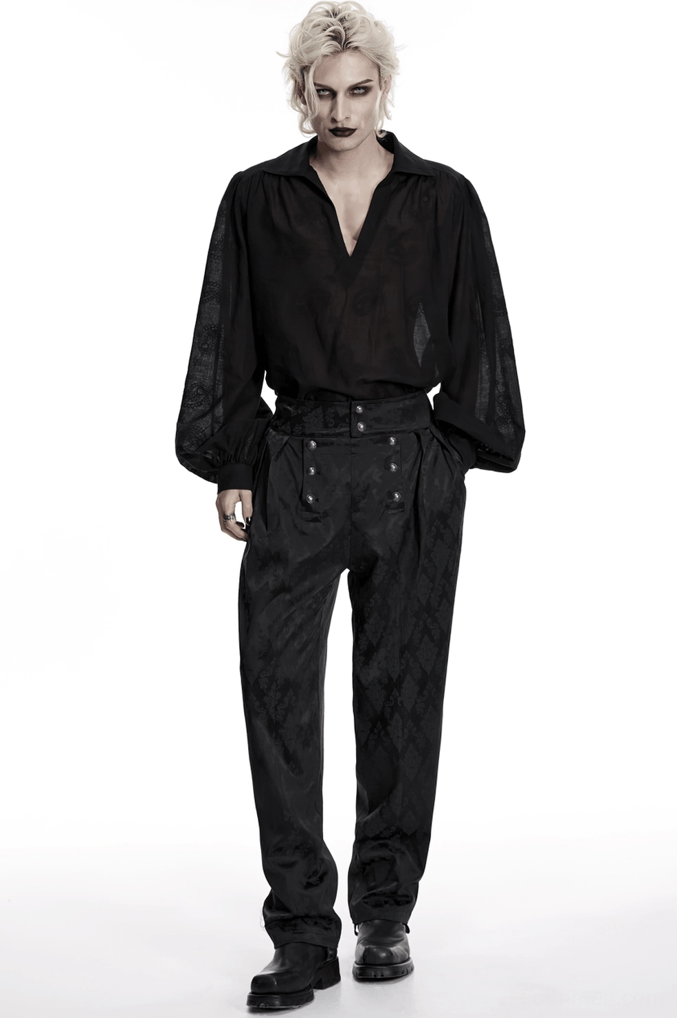 Black gothic jacquard tapered trousers main product shot with high waist and refined alternative fashion style