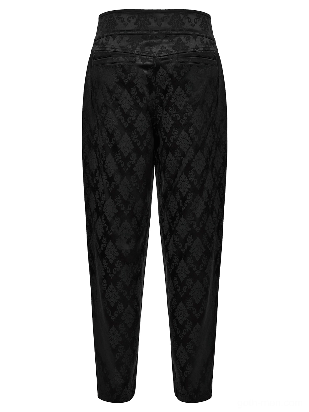 Black gothic jacquard tapered trousers rear flat lay displaying closed waistband and damask pattern detail
