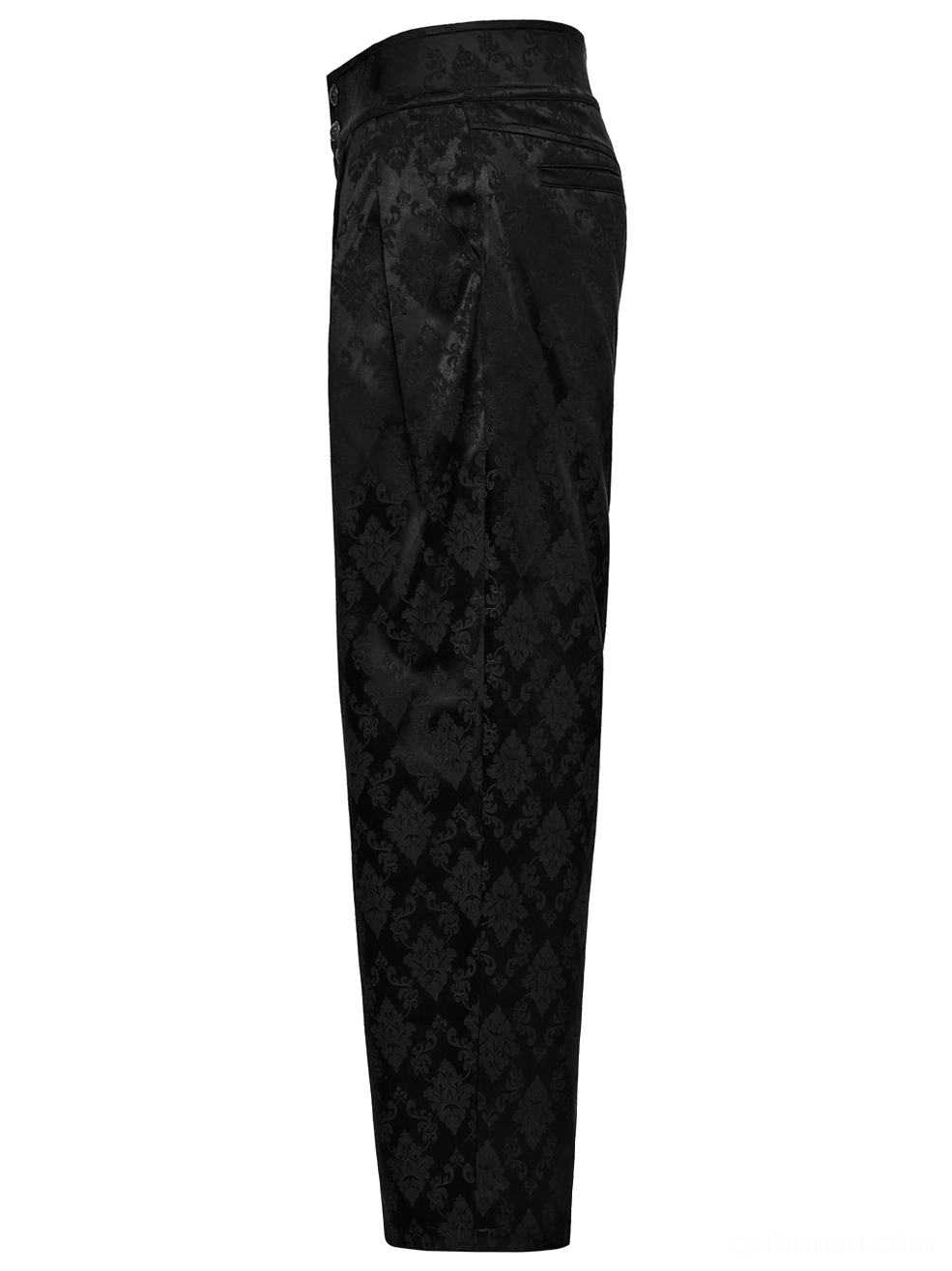 Black gothic jacquard tapered trousers side flat lay showing tapered leg silhouette and jacquard weave
