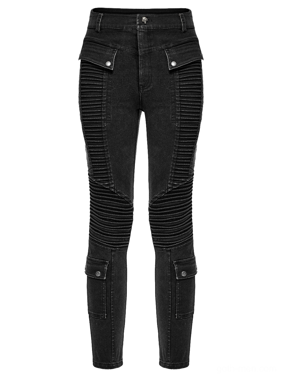 Black punk denim jeans front detail flat lay - ribbed knee construction and front pocket design