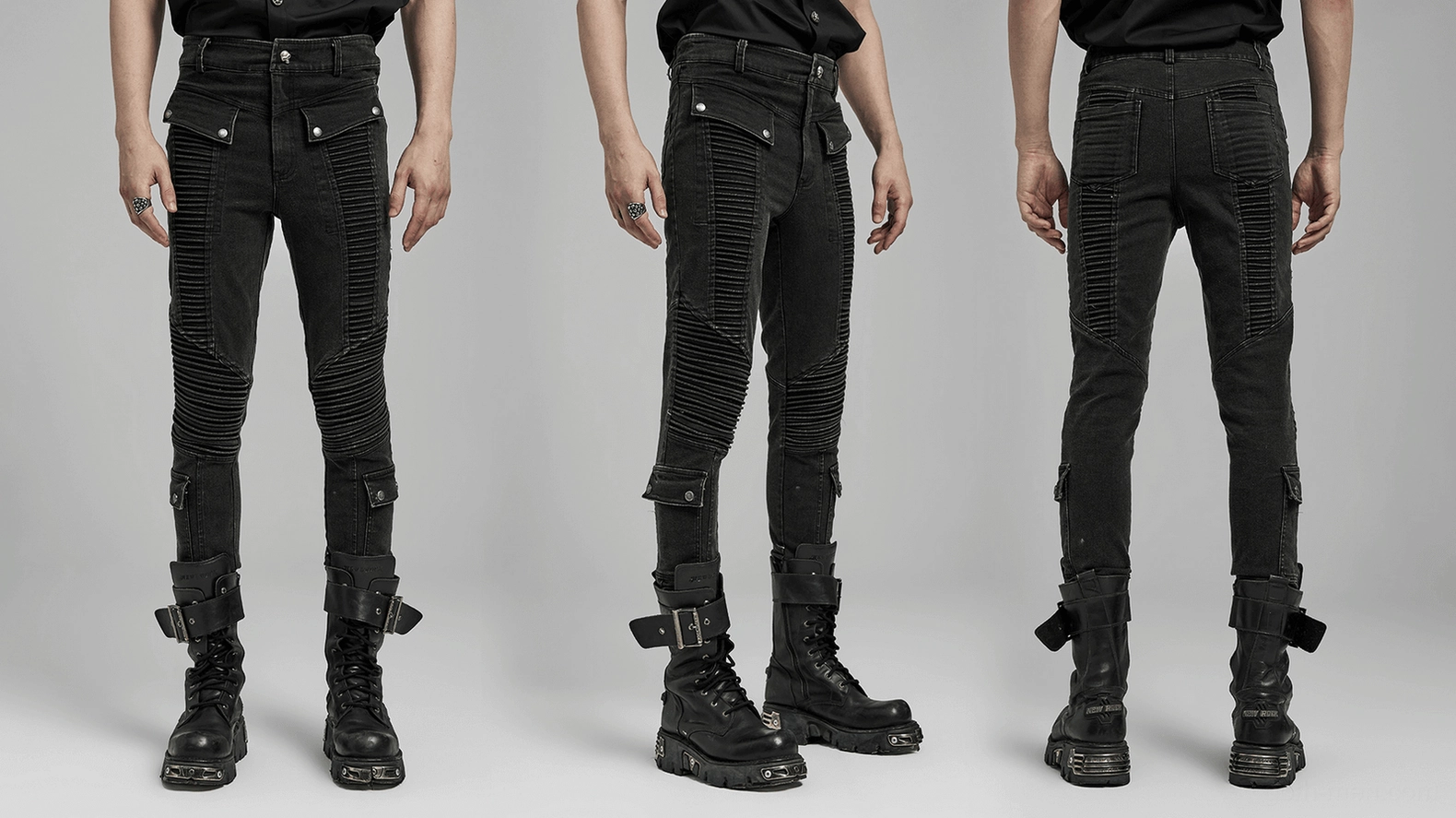 Black gothic punk jeans three-quarter view flat lay - overall silhouette and slim fit profile