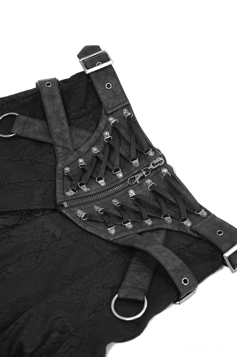 Back view of men's black gothic kilt skirt showing asymmetrical hem design and pleated construction