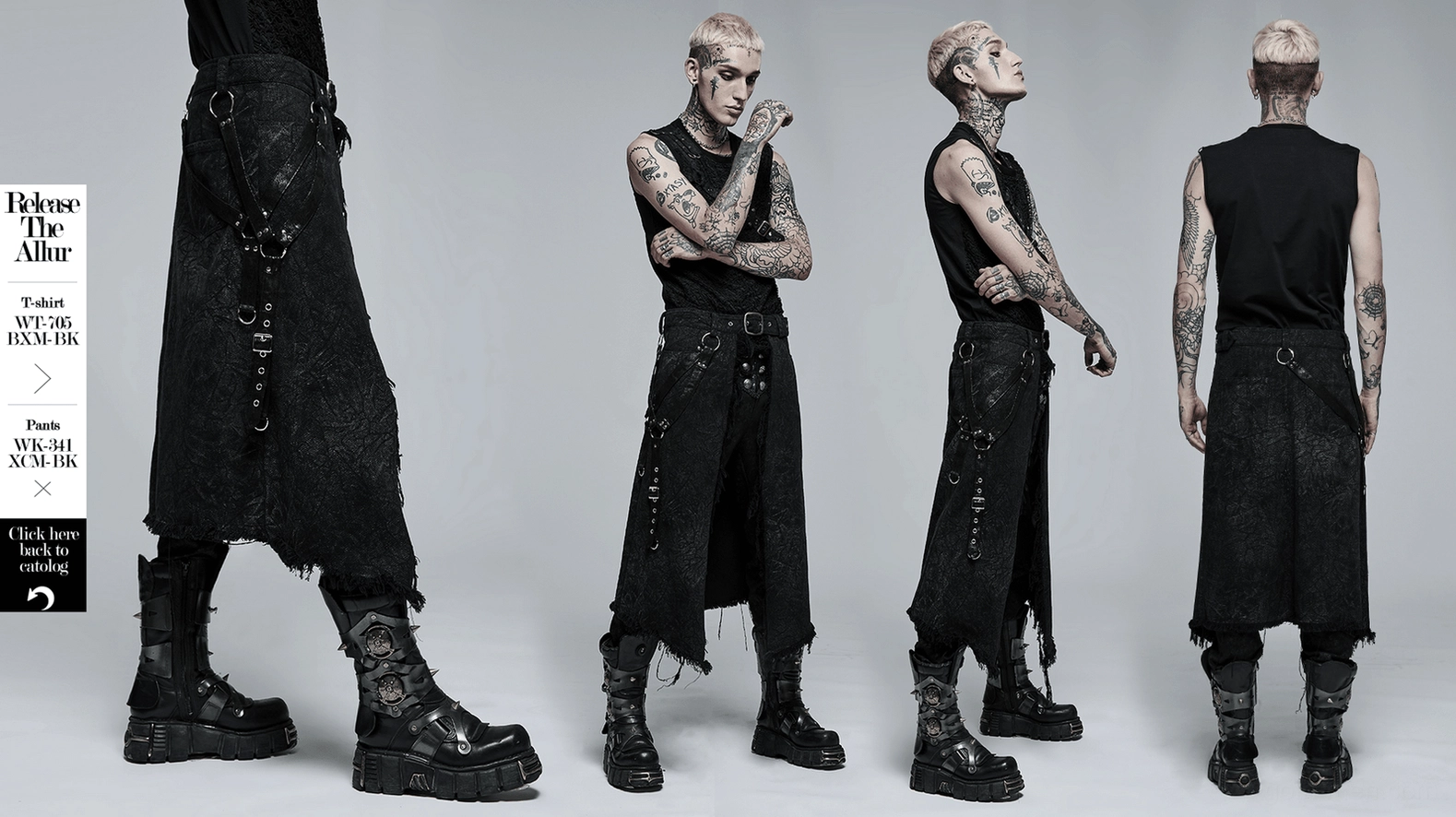 Black textured gothic kilt full front view showing fitted silhouette, adjustable harness system, and distressed asymmetric hem