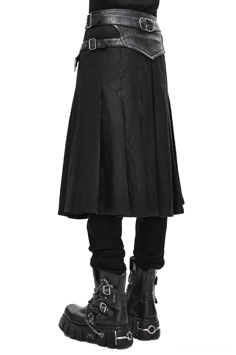 Men's dieselpunk kilt skirt with wide leather waist belt and platform boots - side view on white background