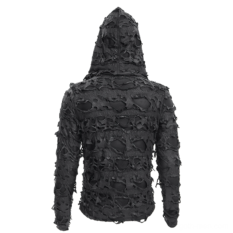 Black distressed gothic lace-up hooded sweatshirt rear view on mannequin, showing full back asymmetrical hem and frayed texture