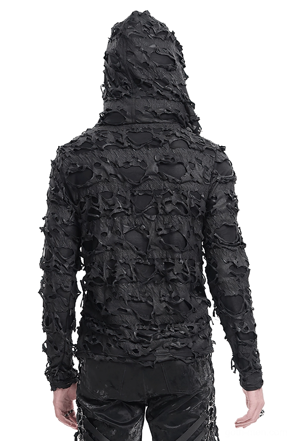 Black gothic lace-up hooded sweatshirt rear view on male model, asymmetrical hem and distressed texture visible from back