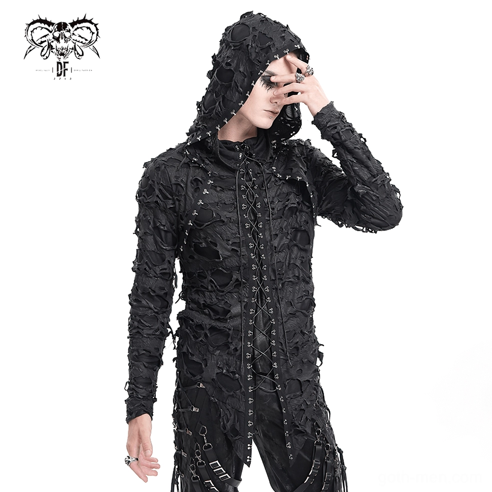 Black distressed gothic lace-up hooded sweatshirt on mannequin, front centered view with full lace-up details and frayed edges