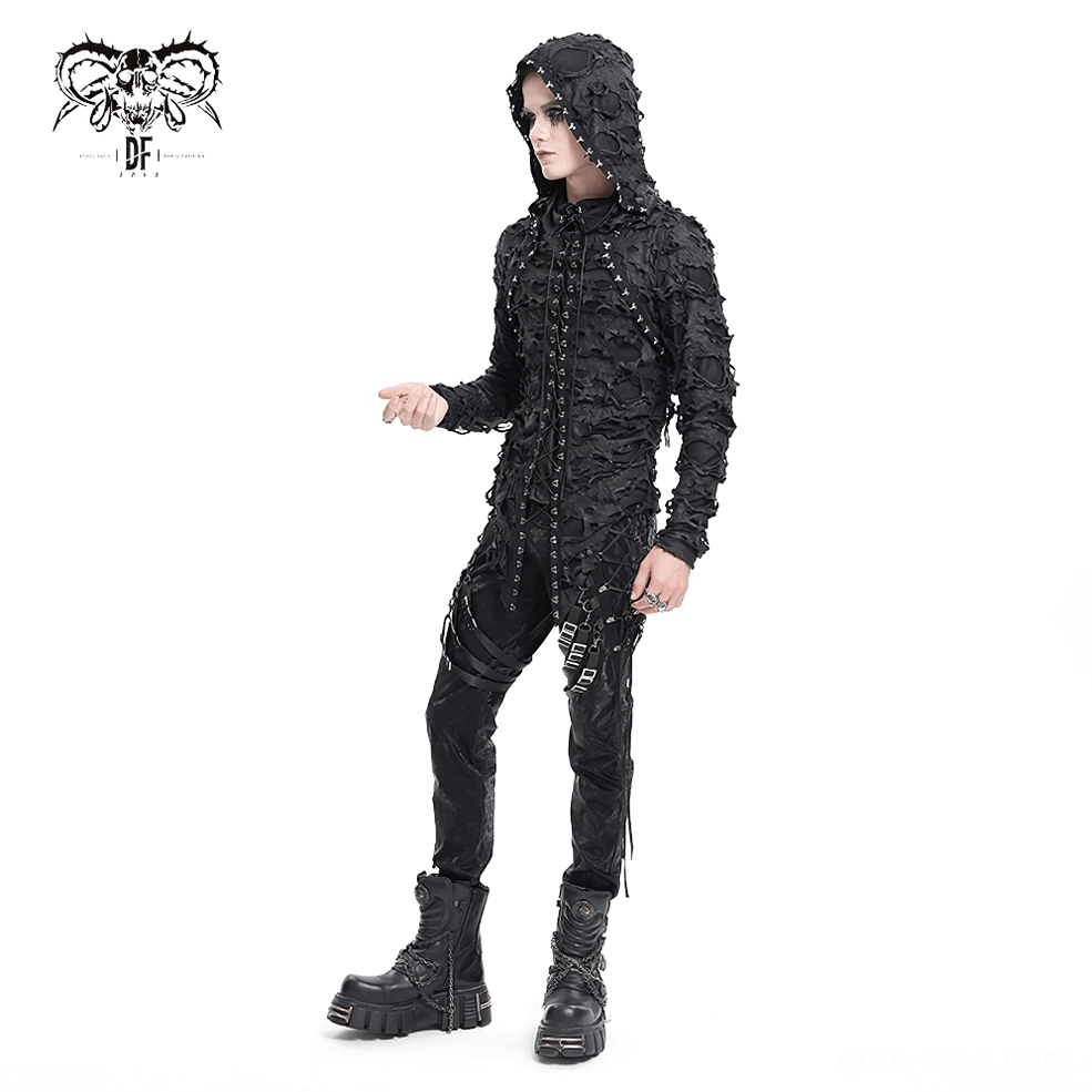Black gothic lace-up hooded sweatshirt on mannequin, three-quarter front view with distressed texture and lace details