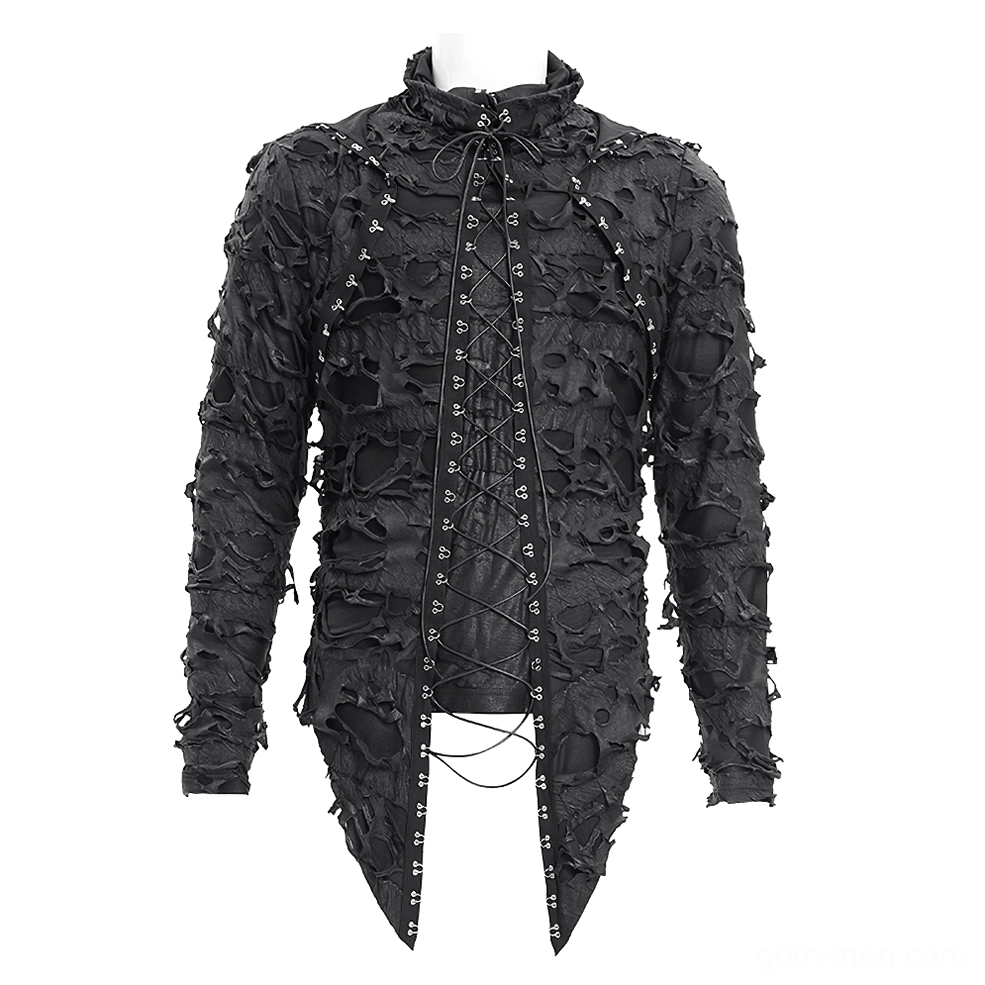Black gothic lace-up hooded sweatshirt on mannequin, front display showing frayed distressed fabric and metal eyelet fasteners