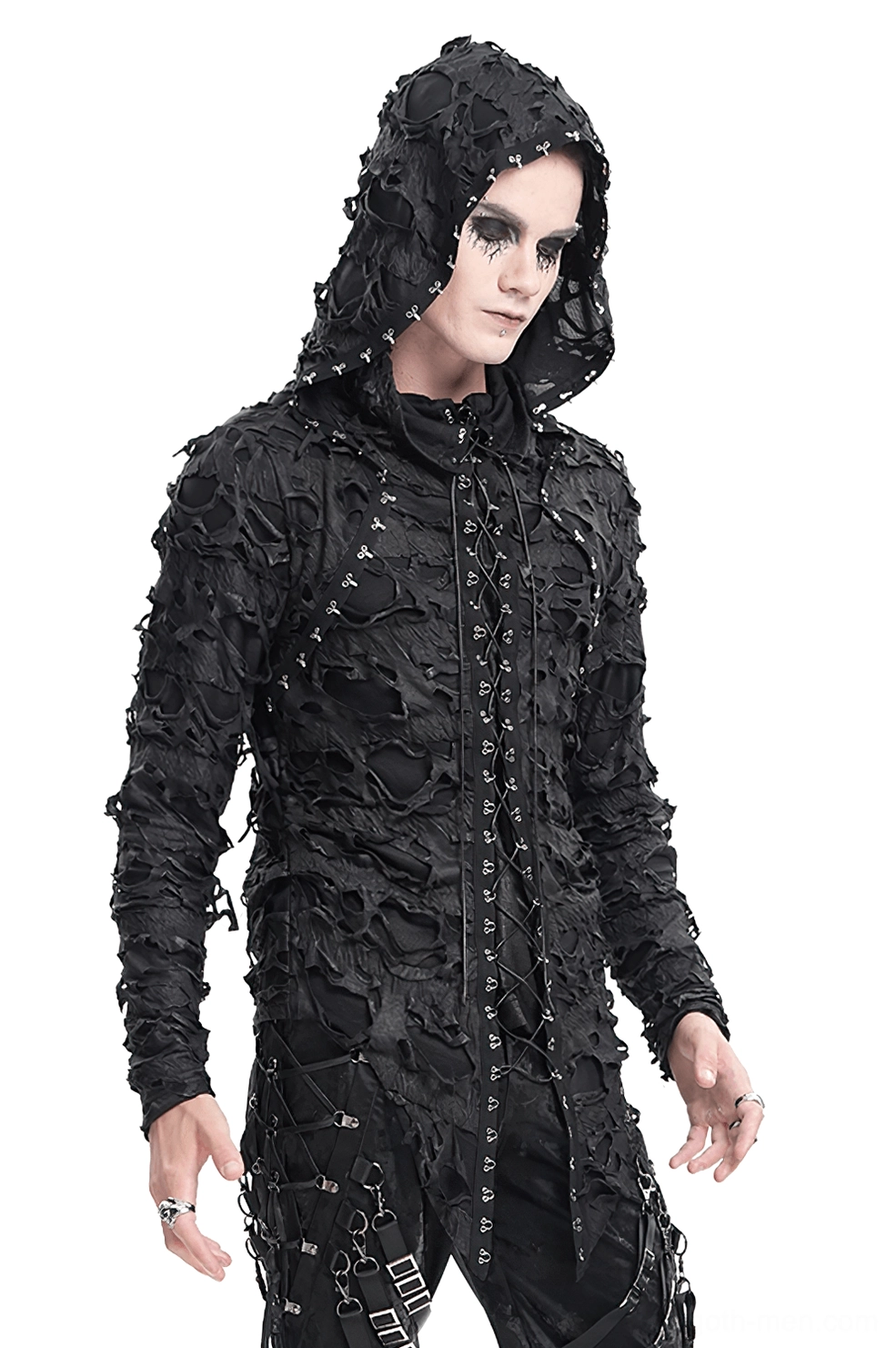 Black distressed gothic lace-up hooded sweatshirt worn by male model, three-quarter left view with front lace details and frayed fabric
