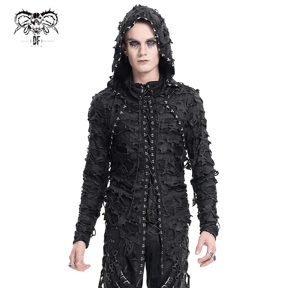 Black gothic distressed lace-up hooded sweatshirt, full-length view showing complete garment construction and design