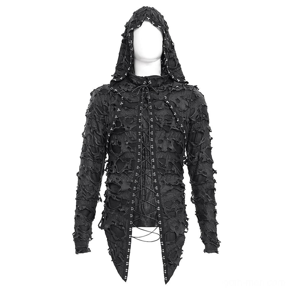 Black distressed gothic lace-up hooded sweatshirt on mannequin, full front view showing metal eyelets and asymmetrical hem detail