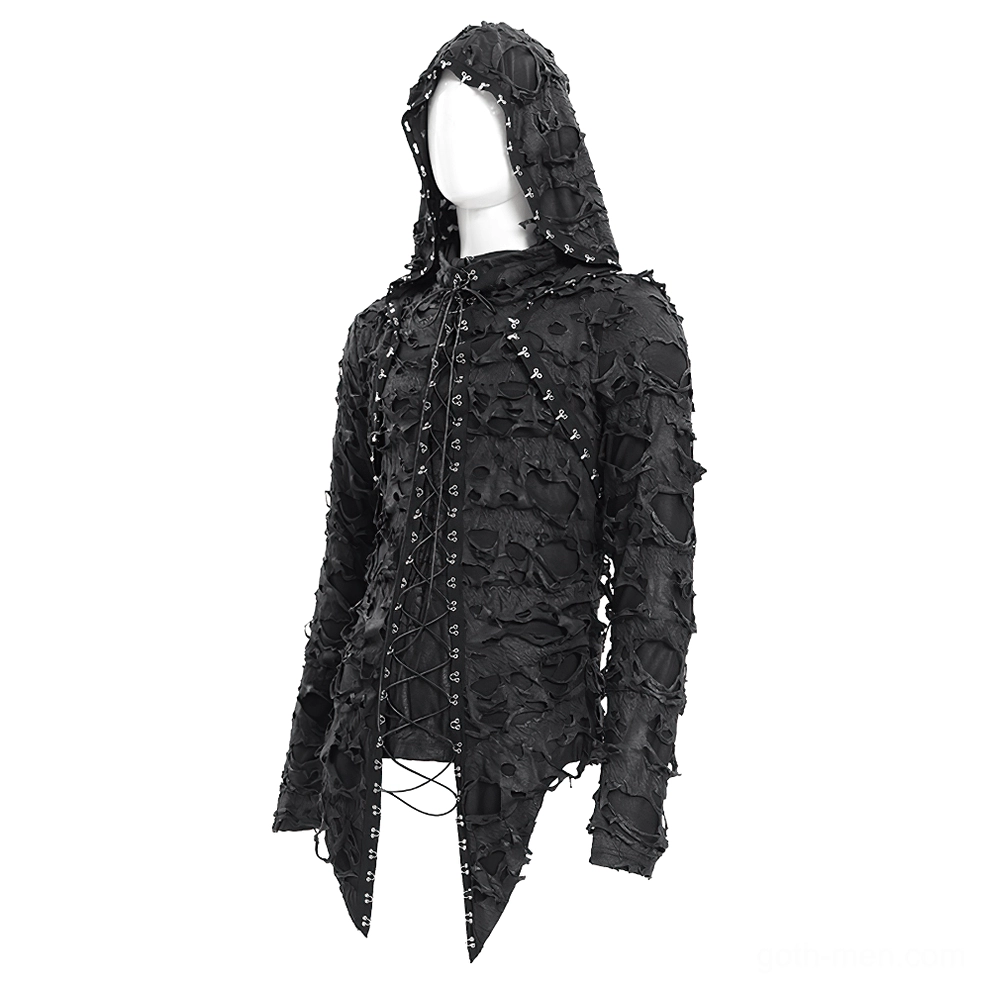 Black gothic lace-up hooded sweatshirt on mannequin, three-quarter right side view highlighting hood and lace-up design