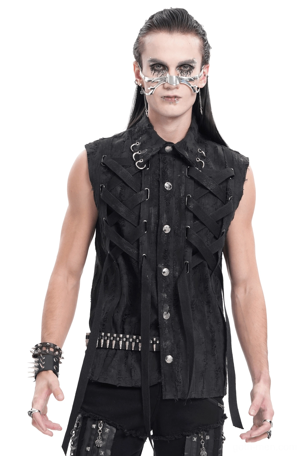 Black gothic lace-up sleeveless shirt front view on male model with metal D-rings and distressed fabric detail