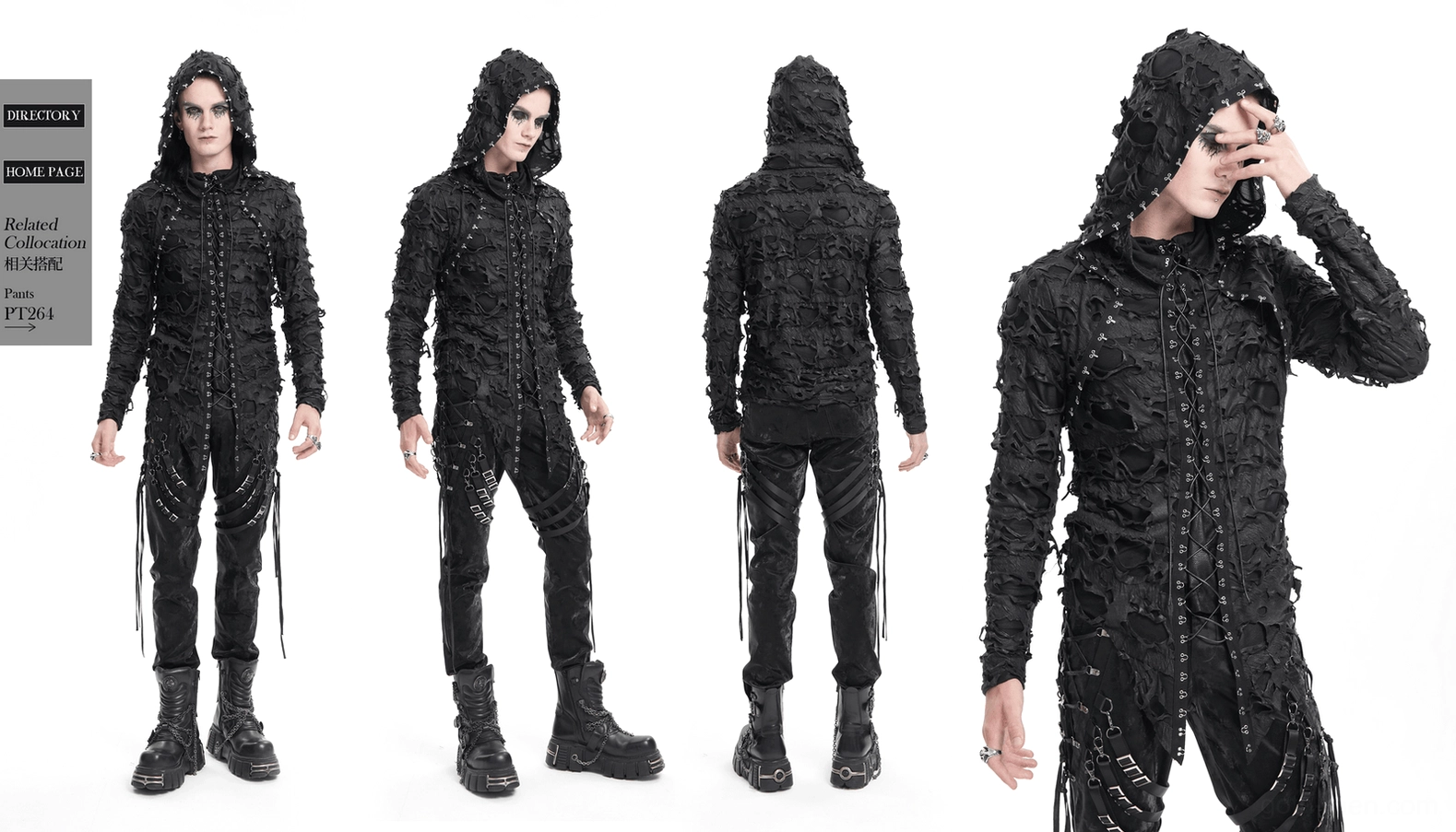 Black distressed gothic lace-up hooded sweatshirt, showing frayed fabric texture and asymmetrical hem construction detail