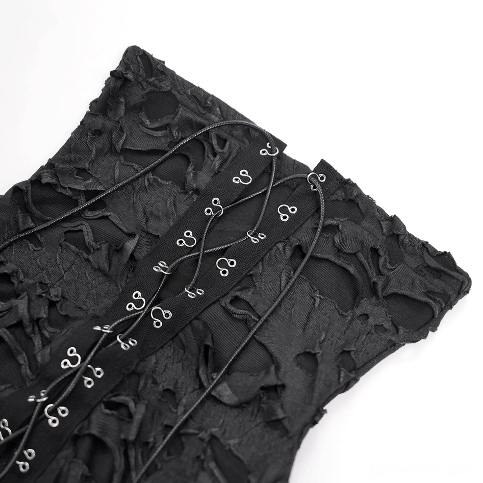 Black gothic lace-up hooded sweatshirt worn by male model, frontal view with lace-up closure and distressed sleeve details
