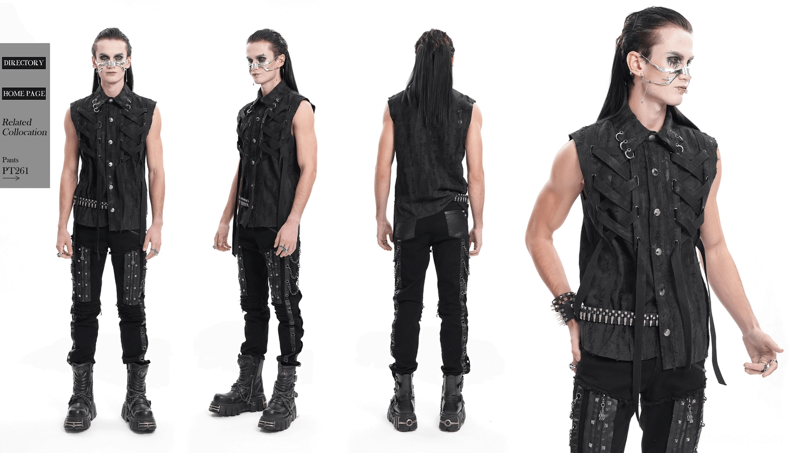 Black gothic lace-up sleeveless shirt style and fit demonstration on mannequin from multiple perspectives