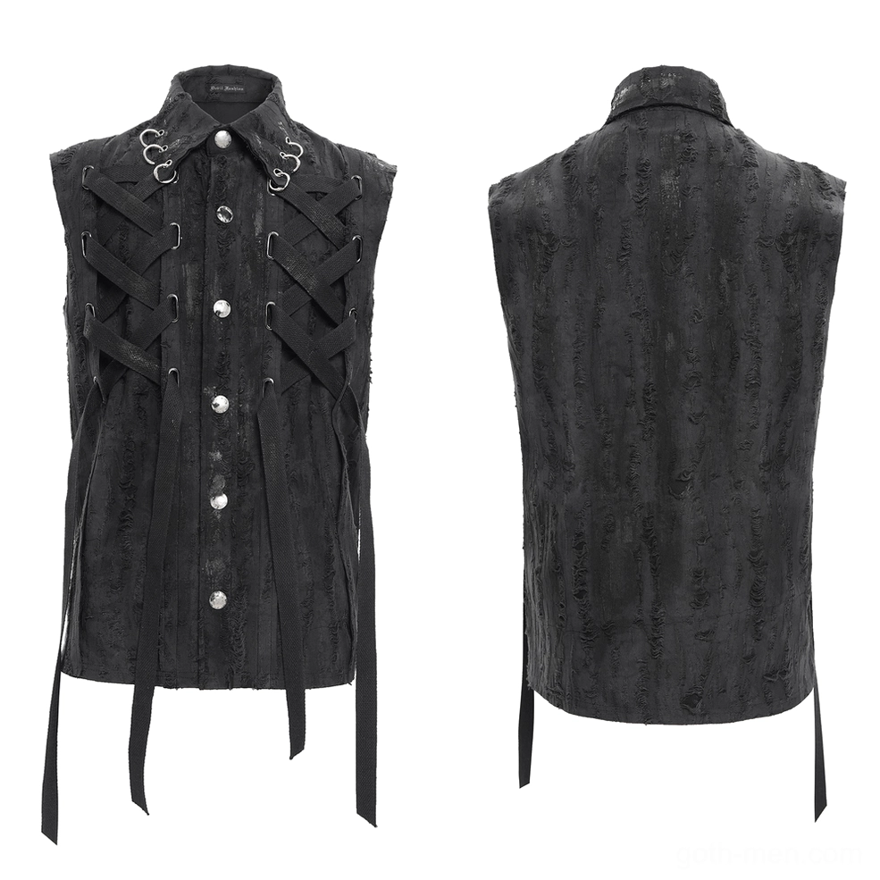 Black gothic lace-up sleeveless shirt front and back display on mannequin with hanging hem straps
