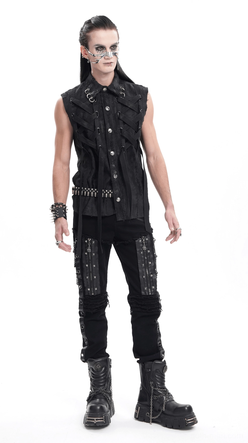 Black gothic lace-up sleeveless vest full product view showing metal D-rings and button-up front closure