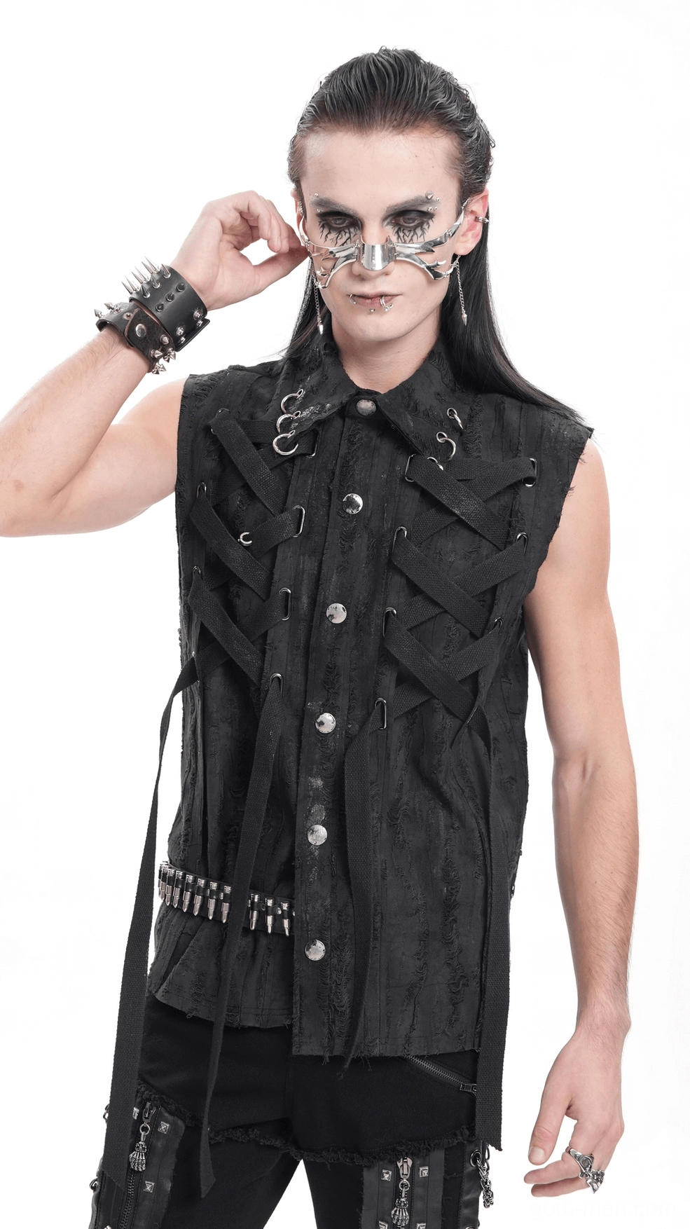 Black gothic lace-up sleeveless shirt side profile on mannequin showing fitted tailoring and hem details