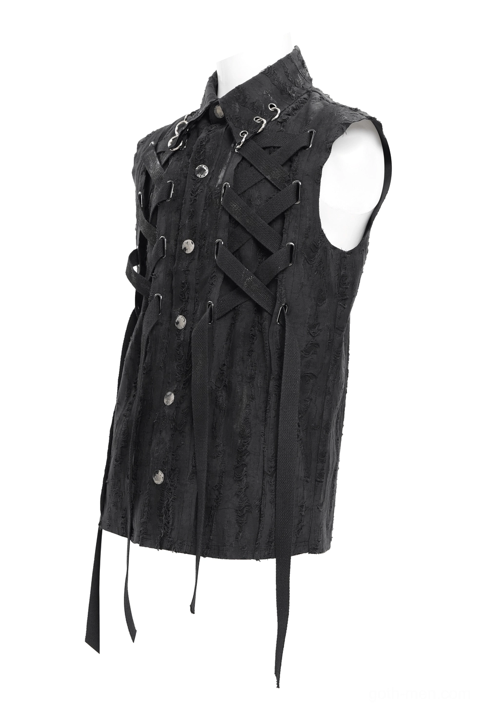 Black gothic lace-up sleeveless shirt side three-quarter view on mannequin with side lacing details