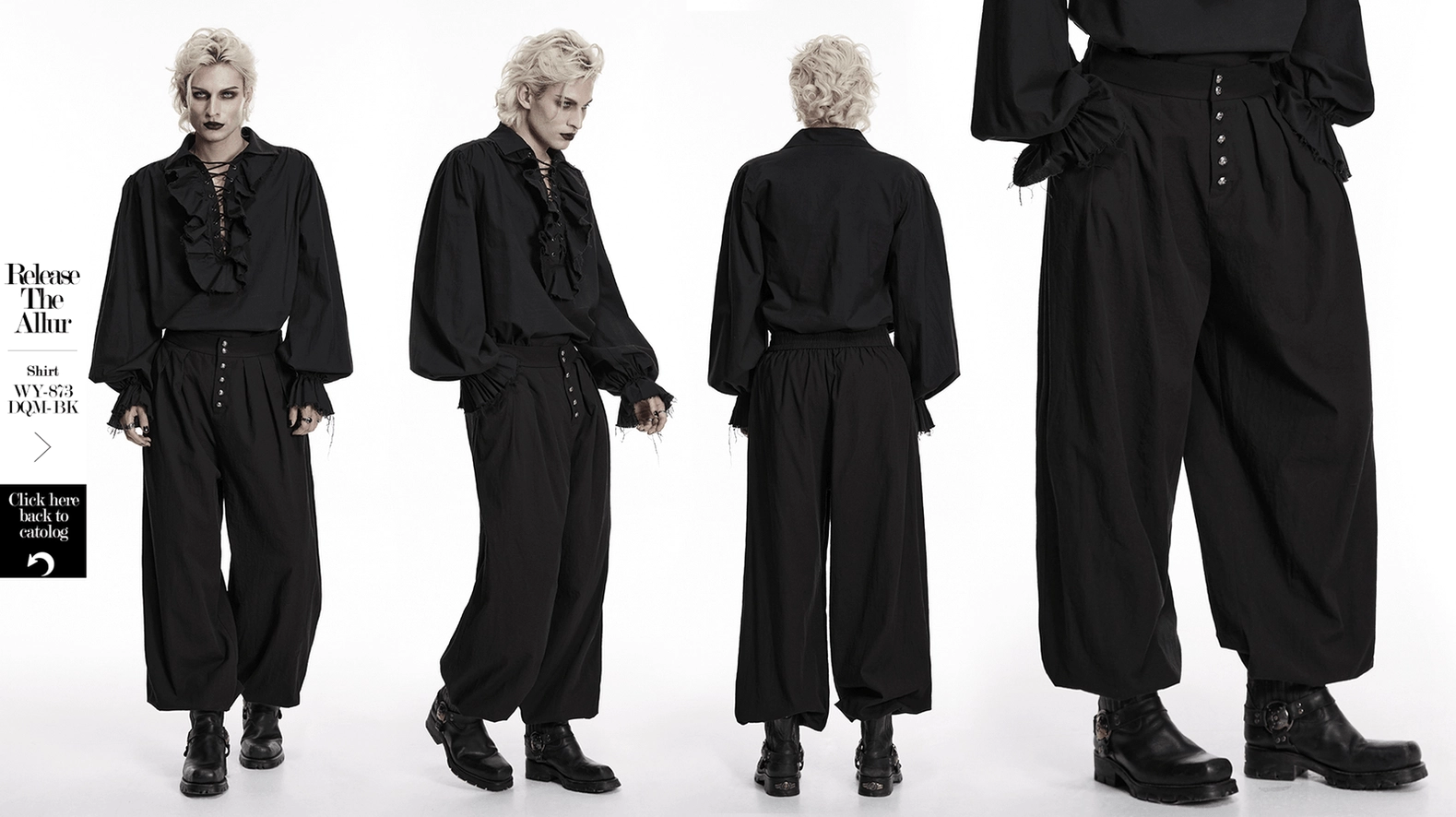 Black gothic pleated lantern pants back studio angle view, showcasing elastic waistband and graceful leg silhouette