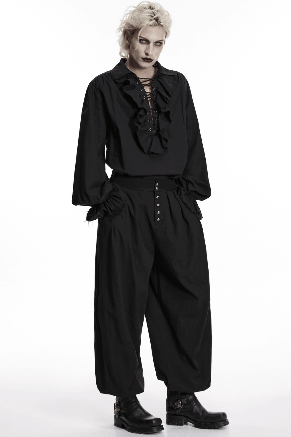 Black gothic lantern pants detailed studio view, emphasizing fabric drape and elegant tapered ankle transition